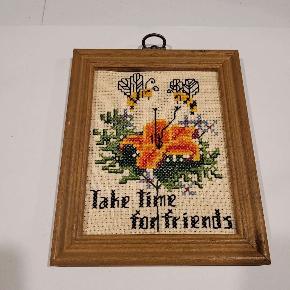 Spring Take Time For Friends Completed Cross stitch wood Frame Bees Flowers